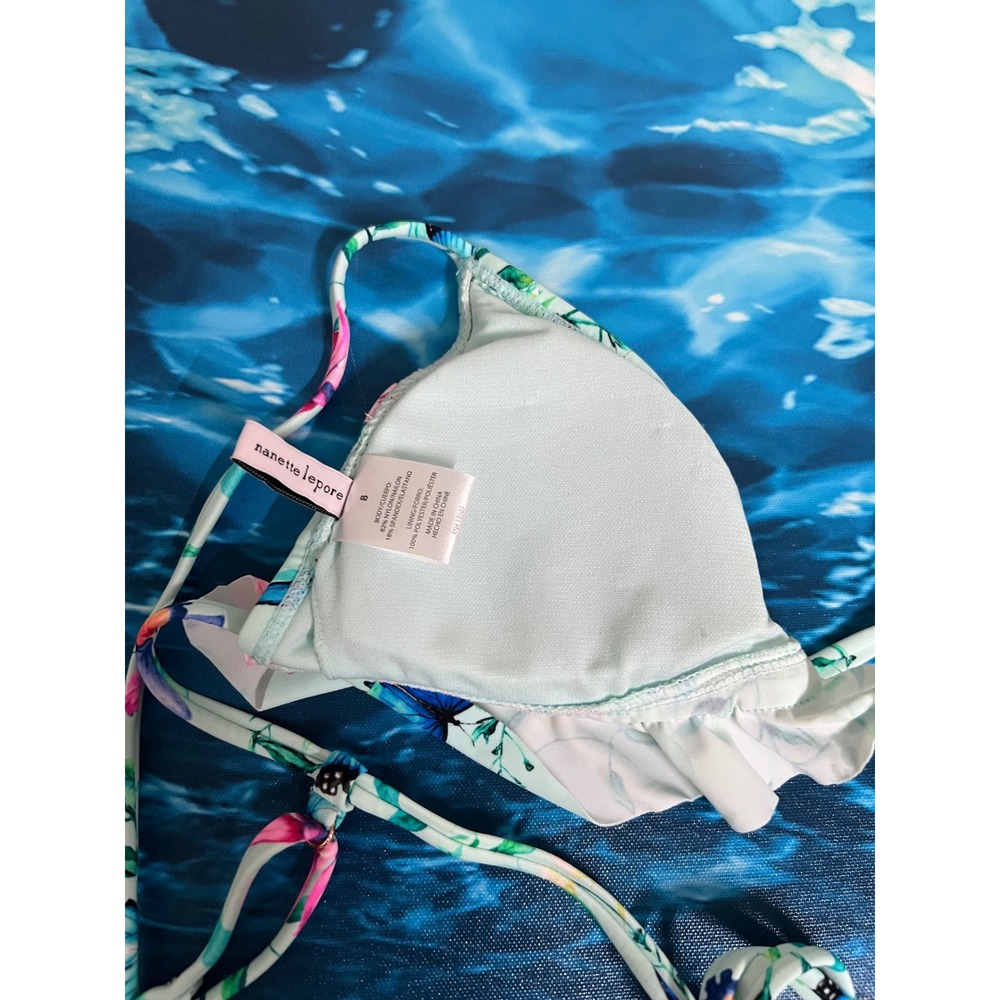☀️Nanette Lepore Floral Butterfly Ruffle Triangle Bikini Set Mint Green Size 8 - Picture 8 of 11